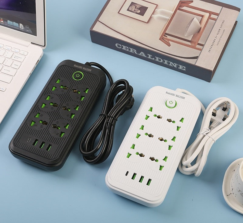 Universal 6-Way Extension Board with 3 USB + USB-C | EU Plug