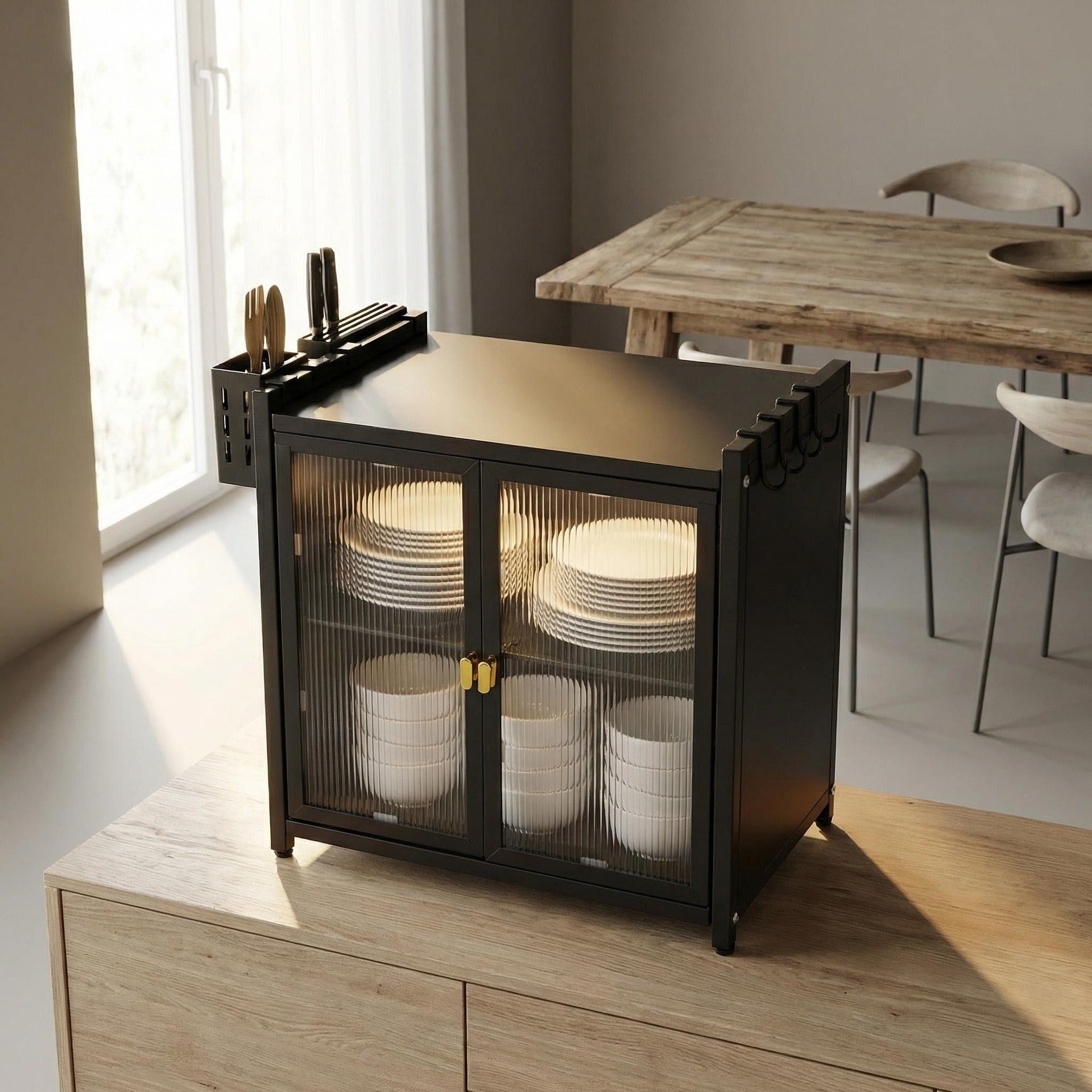 Carbon Steel Kitchen Dish Cabinet with Drain Tray β Double Door Double Rack (17.5 x 17.5")