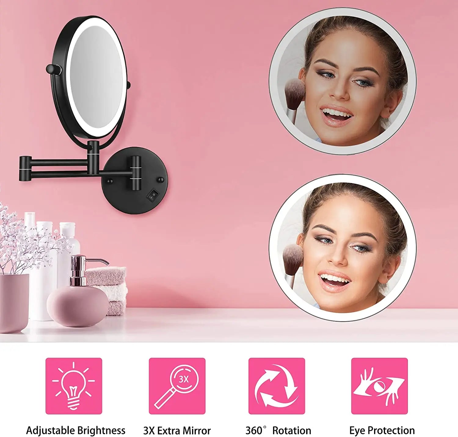 Folding Rotating Magnifying Bathroom Mirror with LED Light