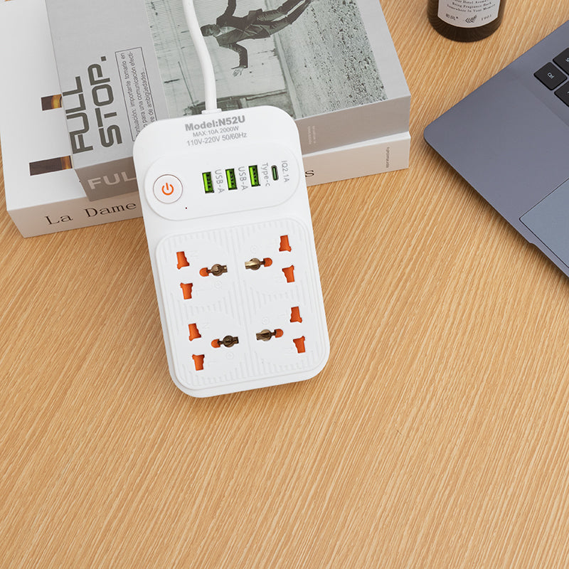 Universal 4-Way Extension Board with 2 USB + USB-C | EU Plug