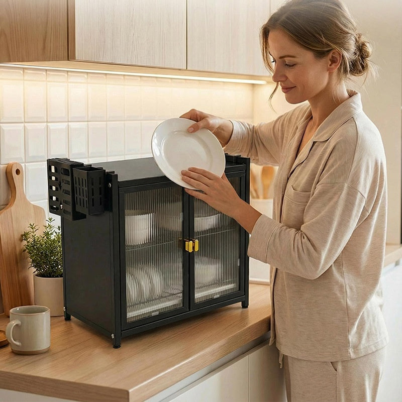 Carbon Steel Kitchen Dish Cabinet with Drain Tray – Double Door Double Rack (17.5 x 17.5")