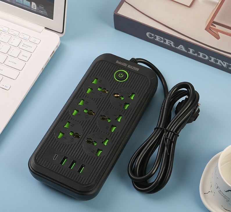 Universal 6-Way Extension Board with 3 USB + USB-C | EU Plug