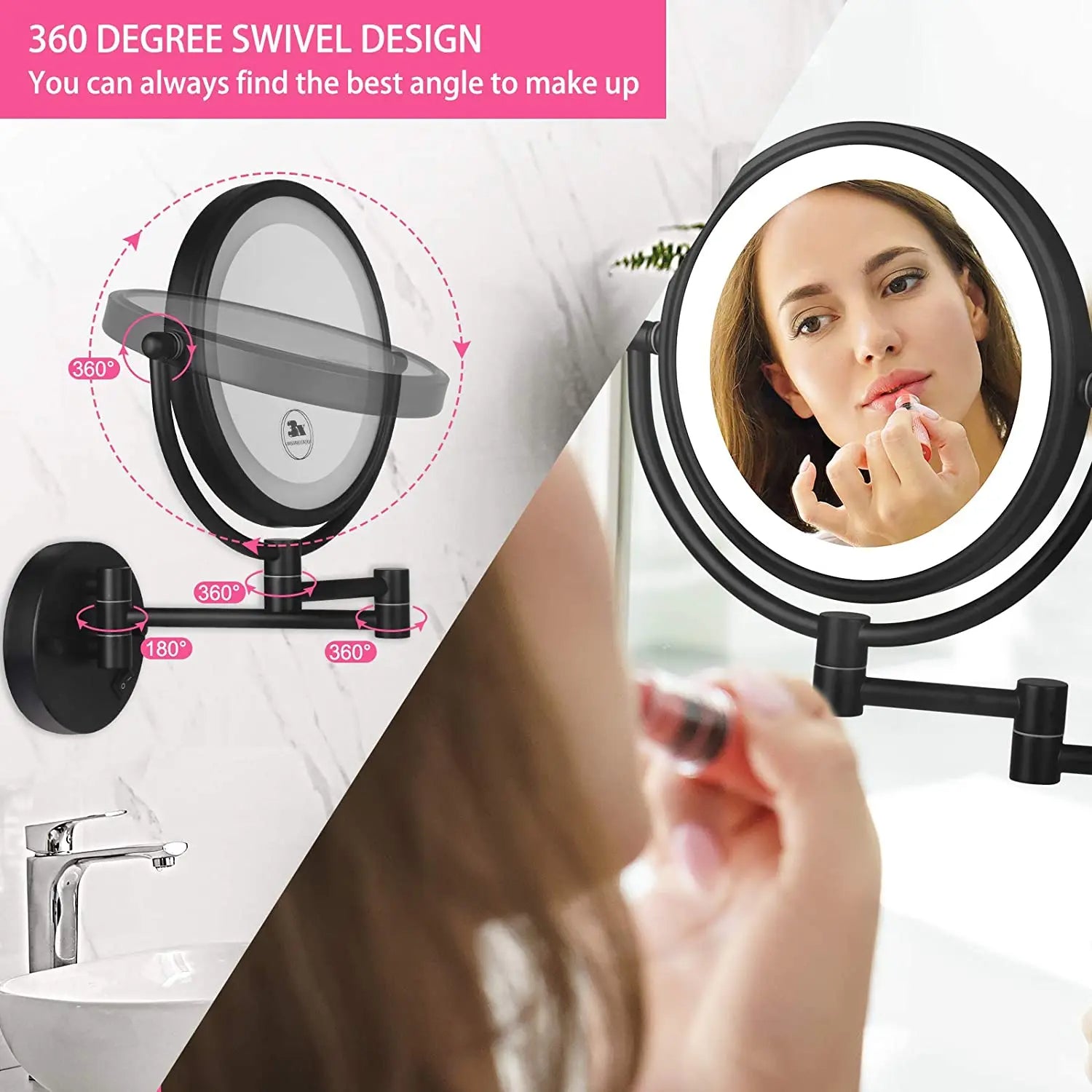 Folding Rotating Magnifying Bathroom Mirror with LED Light