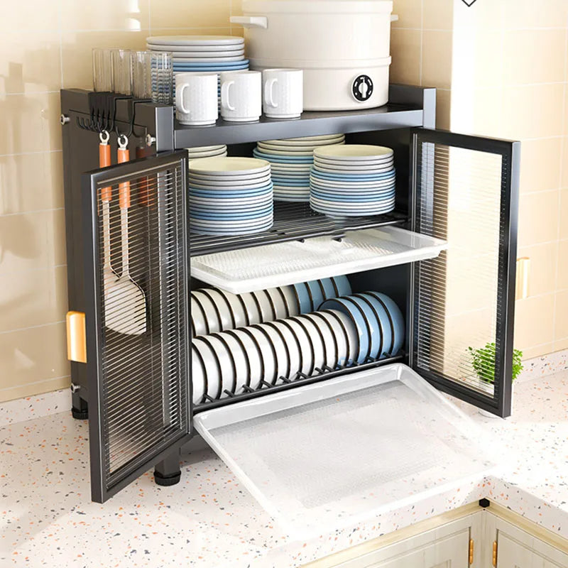 Covered Kitchen Countertop Dish Storage Rack with Drawer