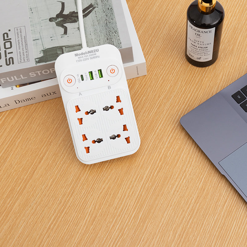 4-Way Universal Extension Board with 2 USB + USB-C | Dual Side Power Switches | EU Plug