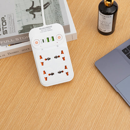 4-Way Universal Extension Board with 2 USB + USB-C | Dual Side Power Switches | EU Plug