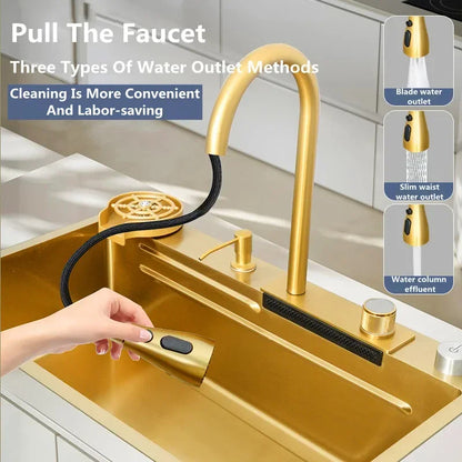 Waterfall Multifunctional Kitchen Sink - Gold