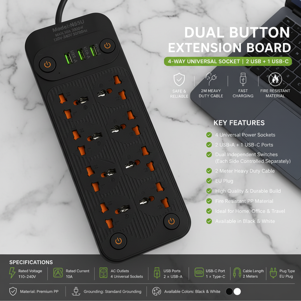 8-Way Universal Extension Board with 2 USB + USB-C | Dual Power Switch | EU Plug