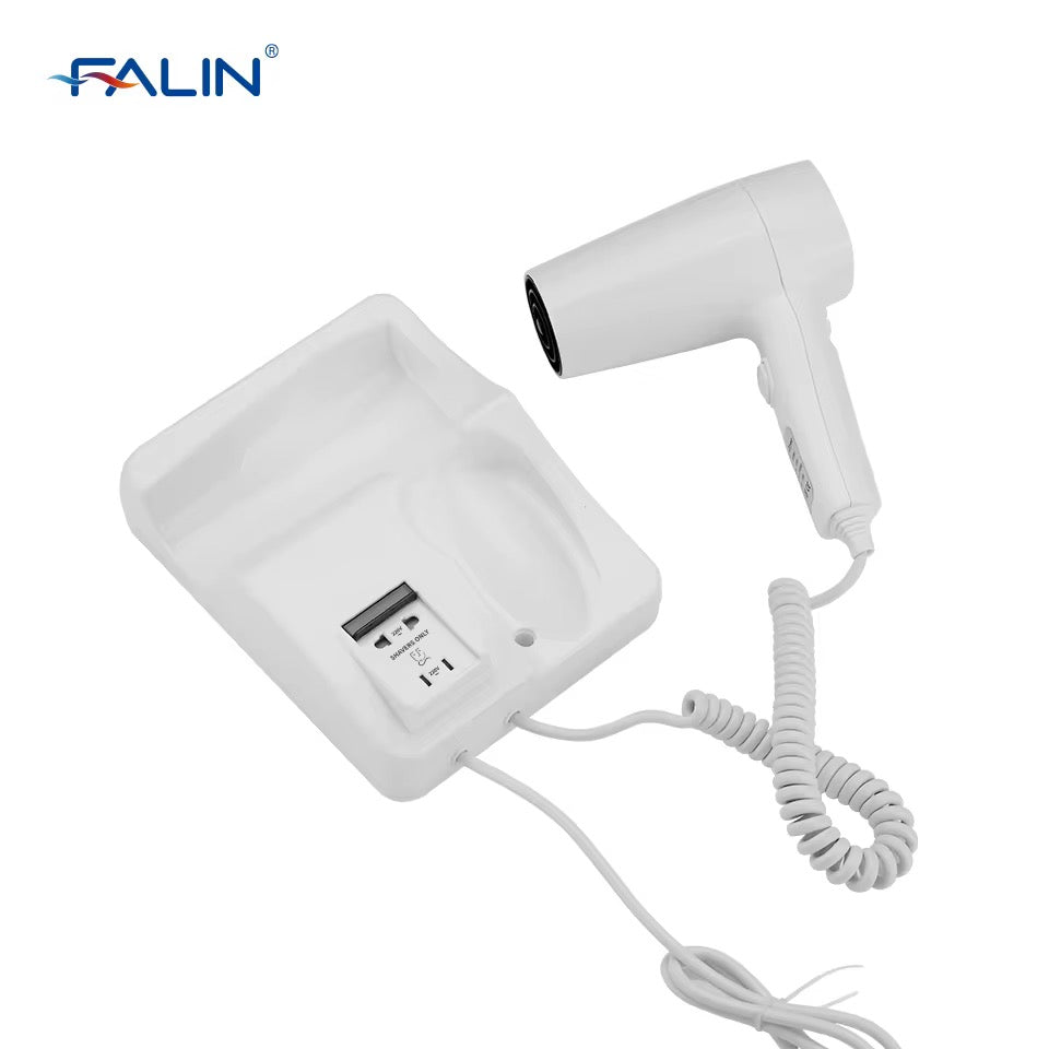 Wall-Mounted Hotel Hair Dryer with Power Outlet | Compact &amp; Dual Function