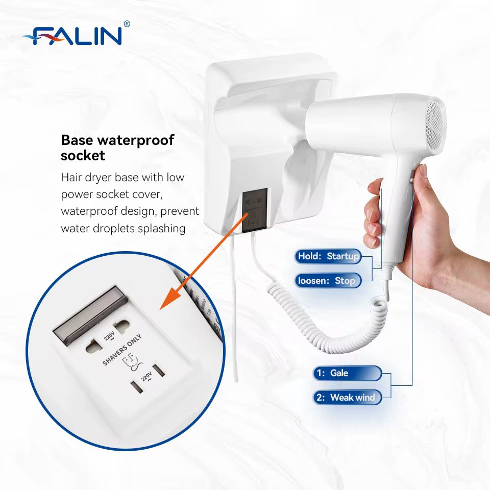 Wall-Mounted Hotel Hair Dryer with Power Outlet | Compact &amp; Dual Function