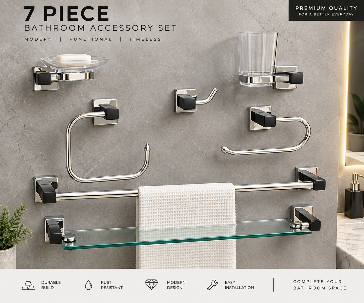 7 PC Bathroom Accessory Set - CP + MATT BLACK