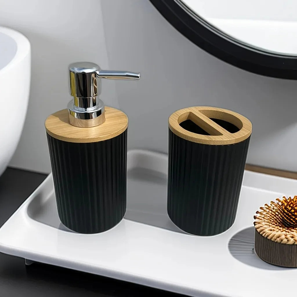 4Pcs Bathroom Accessory Set Fluted Black Round