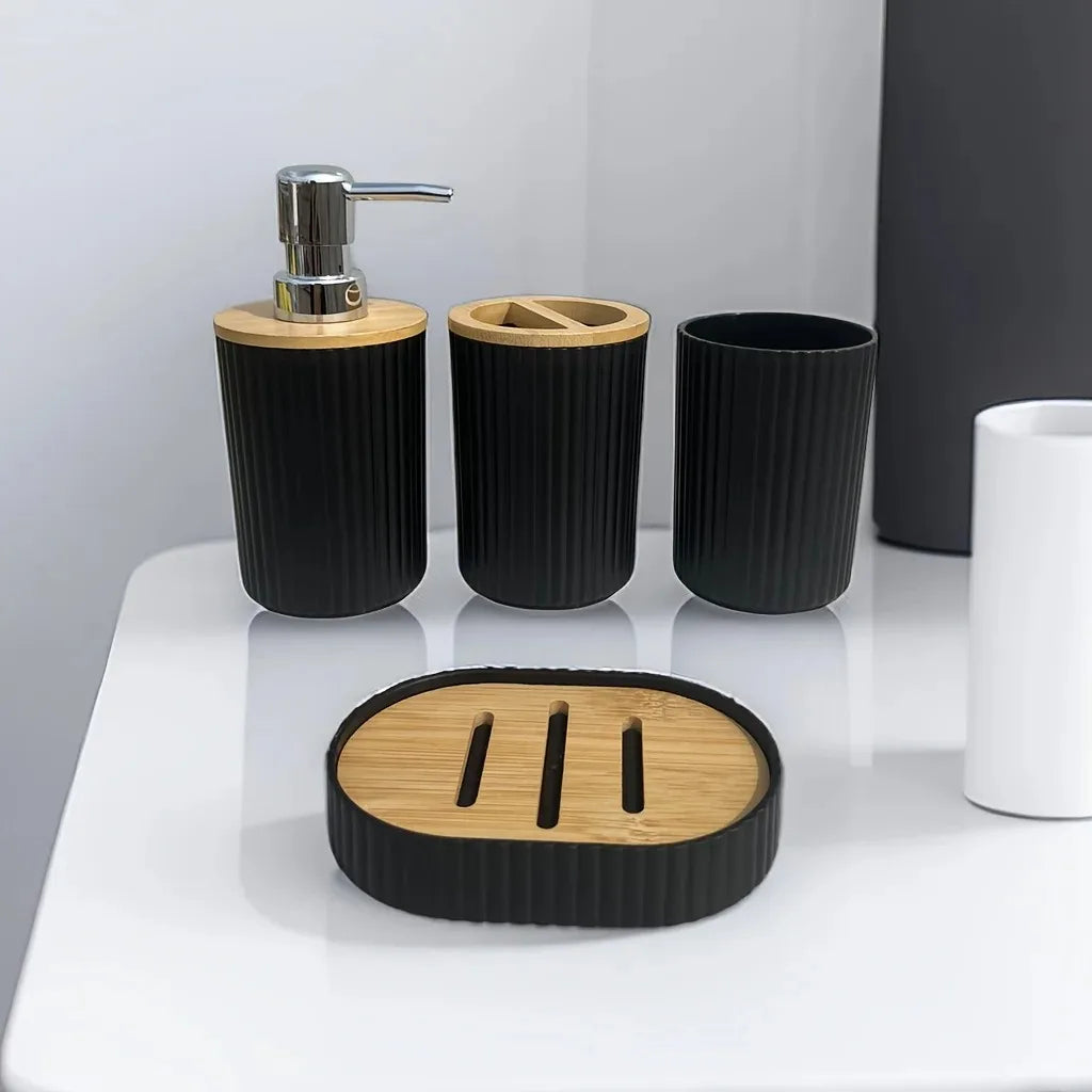 4Pcs Bathroom Accessory Set Fluted Black Round